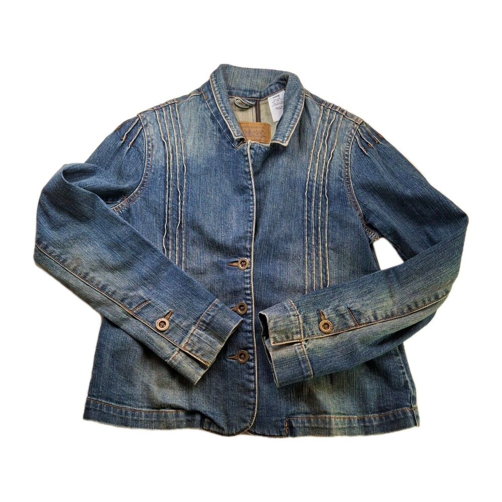 Levi's Womens Sz L Jean Denim Jacket Button Up Distressed Darting Fitted Stretch